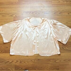 Vtg 30s Satin Bed Jacket Boudoir Blouse Embroidered Lace Collar Cropped L Blush